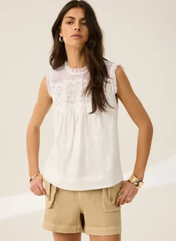 Online White Cotton Blend Lace Applique Top All Tops|Tops