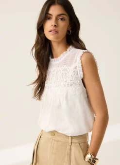 Online White Cotton Blend Lace Applique Top All Tops|Tops