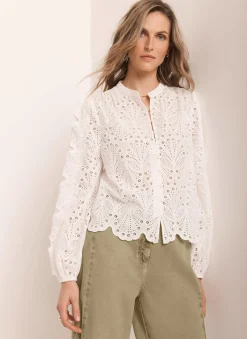 Outlet White Cotton Broderie Detail Blouse Shirts & Blouses