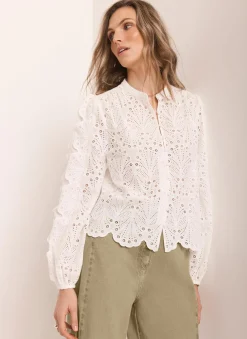 Outlet White Cotton Broderie Detail Blouse Shirts & Blouses
