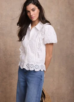 Clearance White Cotton Broderie Detail Shirt Shirts & Blouses