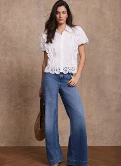 Clearance White Cotton Broderie Detail Shirt Shirts & Blouses