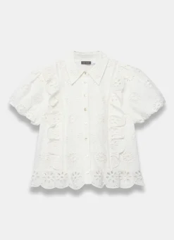 Clearance White Cotton Broderie Detail Shirt Shirts & Blouses