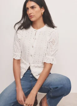 Online White Cotton Broderie Knit Top Knitted Tops|Knitted Tops