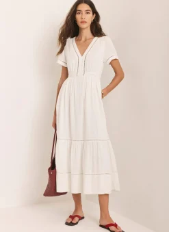 Online White Cotton Cheesecloth Midi Dress Summer Dresses|Midi Dresses