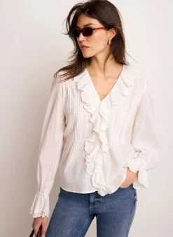 Hot White Cotton Ruffle Trim Blouse Shirts & Blouses|All Tops