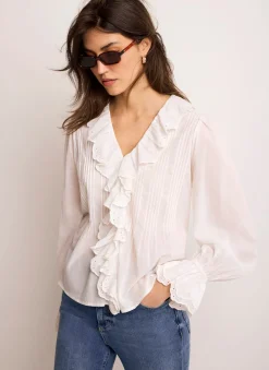 Hot White Cotton Ruffle Trim Blouse Shirts & Blouses|All Tops