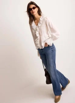 Hot White Cotton Ruffle Trim Blouse Shirts & Blouses|All Tops