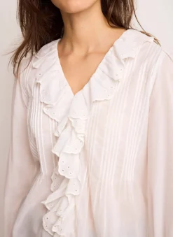 Hot White Cotton Ruffle Trim Blouse Shirts & Blouses|All Tops