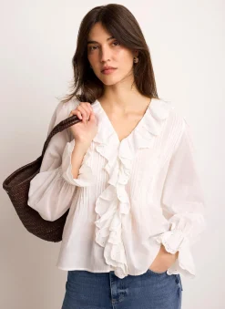 Hot White Cotton Ruffle Trim Blouse Shirts & Blouses|All Tops