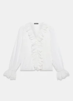 Hot White Cotton Ruffle Trim Blouse Shirts & Blouses|All Tops