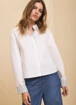 Outlet White Cotton Stripe Detail Cropped Shirt Shirts & Blouses
