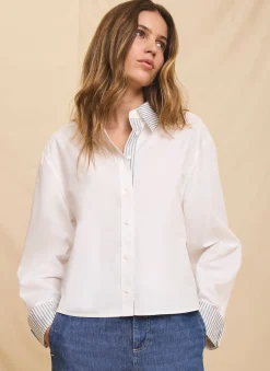 Outlet White Cotton Stripe Detail Cropped Shirt Shirts & Blouses