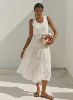White Crochet Trim Tiered Midi Dress Summer Dresses|Midi Dresses