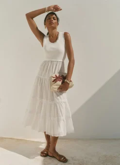 White Crochet Trim Tiered Midi Dress Summer Dresses|Midi Dresses