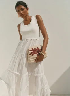 White Crochet Trim Tiered Midi Dress Summer Dresses|Midi Dresses