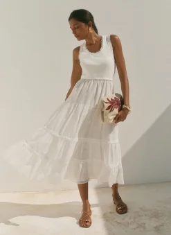 White Crochet Trim Tiered Midi Dress Summer Dresses|Midi Dresses