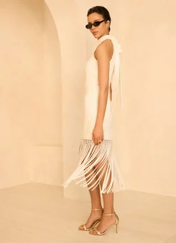 Hot White Disc Detail Fringed Midi Dress Occasion Dresses|Occasion Dresses
