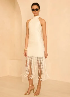 Hot White Disc Detail Fringed Midi Dress Occasion Dresses|Occasion Dresses
