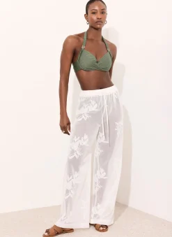 Clearance White Floral Detail Mesh Trousers Wide Leg Trousers|Trousers
