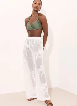 Clearance White Floral Detail Mesh Trousers Wide Leg Trousers|Trousers