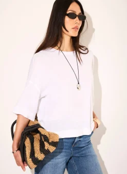 White Linen Blend Boxy T Shirt T-Shirts|T-Shirts