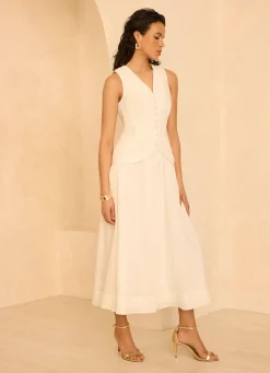 Hot White Linen Blend Waistcoat Maxi Dress Occasion Dresses|Occasion Dresses