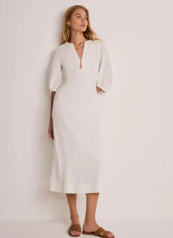 Hot White Linen Puff Sleeve Midi Dress Summer Dresses|Midi Dresses