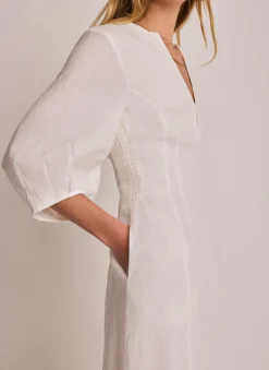 Hot White Linen Puff Sleeve Midi Dress Summer Dresses|Midi Dresses