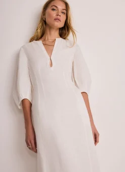 Hot White Linen Puff Sleeve Midi Dress Summer Dresses|Midi Dresses