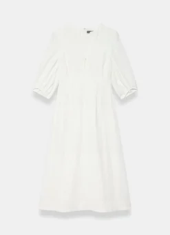 Hot White Linen Puff Sleeve Midi Dress Summer Dresses|Midi Dresses