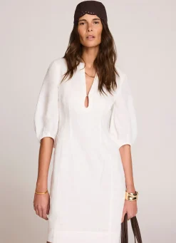 Clearance White Linen Puff Sleeve Mini Dress Summer Dresses|Mini Dresses