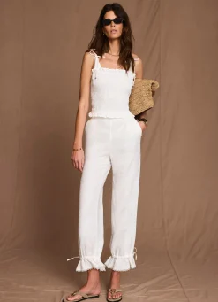 Clearance White Linen Ruffle Hem Cropped Trousers Trousers