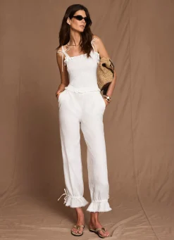Clearance White Linen Ruffle Hem Cropped Trousers Trousers