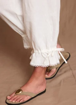 Clearance White Linen Ruffle Hem Cropped Trousers Trousers