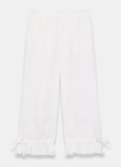 Clearance White Linen Ruffle Hem Cropped Trousers Trousers