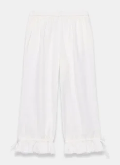 Clearance White Linen Ruffle Hem Cropped Trousers Trousers