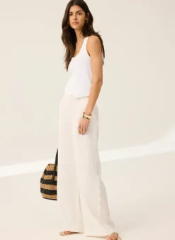 Hot White Linen Scallop Trim Trousers Wide Leg Trousers|Trousers