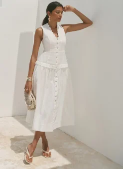 New White Ramie Drop Waist Midi Dress Summer Dresses|Midi Dresses