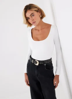 Sale White Scoop Neck Long Sleeve Top Essentials