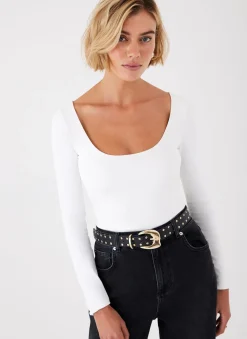 Sale White Scoop Neck Long Sleeve Top Essentials