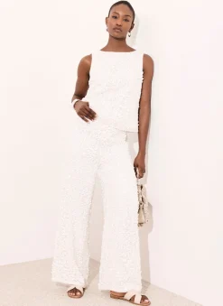 Hot White Sequin Wide Beach Trousers Wide Leg Trousers|Trousers