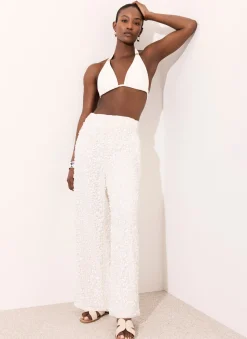 Hot White Sequin Wide Beach Trousers Wide Leg Trousers|Trousers