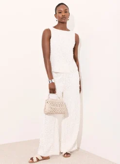 Hot White Sequin Wide Beach Trousers Wide Leg Trousers|Trousers