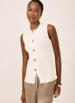 Hot White Sunray Button Knit Sleeveless Top Knitted Tops|Knitted Tops