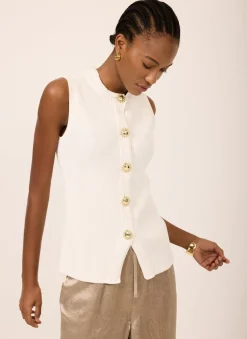 Hot White Sunray Button Knit Sleeveless Top Knitted Tops|Knitted Tops