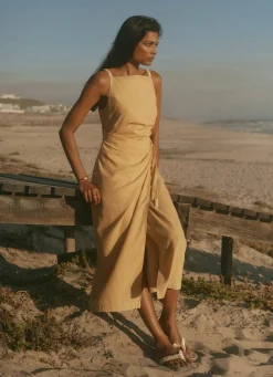 Sale Linen Blend Wrap Midi Dress Summer Dresses|Midi Dresses